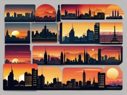 Sunset over urban skyline sticker- City lights, , sticker vector art, minimalist design