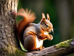 chubby red squirrel with its cheeks stuffed full of nuts. 