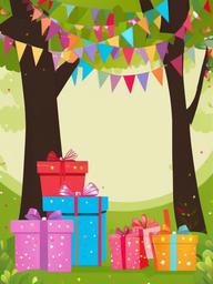 Birthday clipart - birthday gifts stacked under a tree  