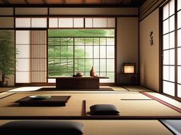 Japanese living room showcases tatami mats, low-profile seating, and minimal decor that promote a serene atmosphere for relaxation.  