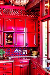 dragon's lair kitchen with fiery red accents and dragon-scale tiles. 