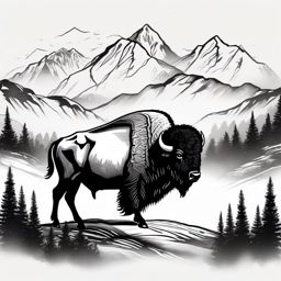 Bison in mountain landscape ink. Majestic wilderness.  minimal color tattoo design