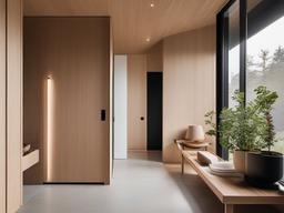 In the entryway, Japandi interior design showcases simple lines, natural materials, and subtle decor that provide a warm welcome while maintaining a minimalist approach.  