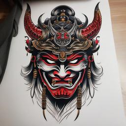 oni samurai mask tattoo  simple color tattoo,white background,minimal