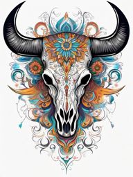 Abstract bull skull swirls ink. Whimsical dance of the wild spirit.  color tattoo design, white background