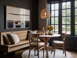 The dining nook features rustic interior design with a round table, natural wood chairs, and warm textiles that create an intimate and stylish space for meals.  