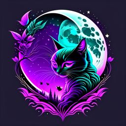 A vector design for a t-shirt of an Alien hugging a cat with the moon in the background, vector graphic, t-shirt design, dark fantasy, dark colors