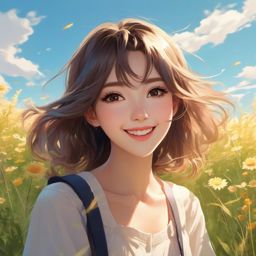 Cheerful anime girl in a sunny meadow. , aesthetic anime, portrait, centered, head and hair visible, pfp