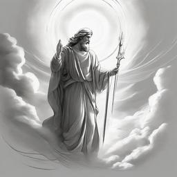 drawing of God in a heavenly scene  minimal rough sketch scribbles,doodles,black and white