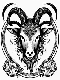 Gothic Goat Tattoo - A tattoo featuring a goat design with gothic or dark elements.  simple color tattoo design,white background