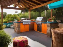 Eclectic outdoor kitchen combines unique furniture pieces, vibrant colors, and various decor styles, making it a lively and personalized space for cooking.  