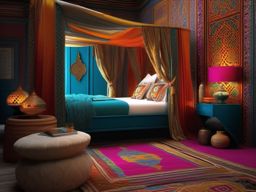 Exotic Moroccan Sleeping Space - Embrace exotic Moroccan design elements in your bedroom. , bedroom interior decor design ideas, multicoloured, photo realistic, hyper detail, high resolution,