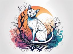 Deep connection to feline nature with an abstract cat roots ink: A profound portrayal.  color outline tattoo, white background