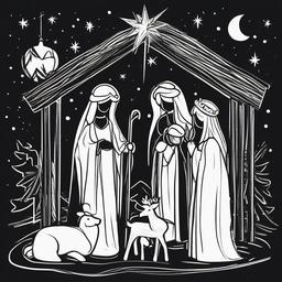 drawing of christmas nativity  minimal rough sketch scribbles,doodles,black and white