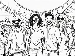 Group of friends having fun at a summer festival  simple coloring pages