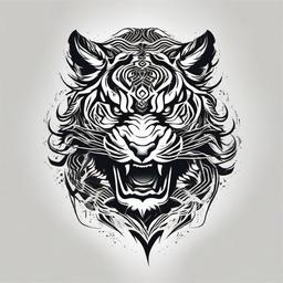 Oni Tiger Tattoo - Tattoo featuring a powerful and fierce tiger motif alongside the fearsome Oni.  simple color tattoo,white background,minimal