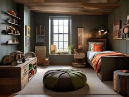 In the kids' room, Post-Apocalyptic interior design showcases salvaged furnishings, playful decor, and earthy colors that inspire creativity and imaginative play.  