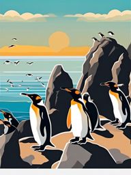 Penguin Colony Sticker - A bustling colony of penguins on a rocky shore, ,vector color sticker art,minimal