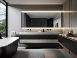 Bauhaus guest bathroom features minimalist fixtures, sleek vanities, and a clean monochromatic palette, providing a functional and modern space for guests.  