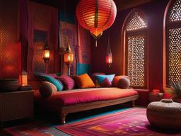 Moroccan gamer room dazzles with vibrant textiles, intricate lanterns, and colorful decor, creating an exotic and inspiring space for gaming adventures.  