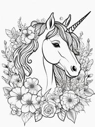 Unicorn with Flowers Coloring Pages - Floral Design Surrounding a Unicorn  minimal black outline printable sheet, coloring page