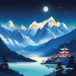 jade dragon snow mountain - craft a serene night painting of jade dragon snow mountain, where snow-capped peaks and alpine meadows shimmer under a starry sky. 