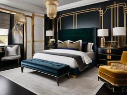 Art Deco master bedroom includes a velvet bed, bold geometric patterns in the decor, and luxurious finishes for a glamorous touch.  