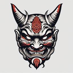 Oni Mask Tattoo - Traditional Japanese demon mask, symbolizing malevolent spirits.  simple color tattoo,white background,minimal