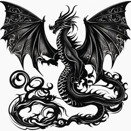 Dark Dragon Tattoo - Mysterious and dark-themed dragon tattoo.  simple color tattoo,minimalist,white background