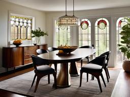 Art nouveau dining room with Ann Sacks stained glass windows, West Elm curvilinear dining chairs, and a CB2 glass-top table.  