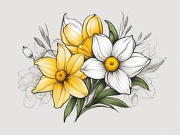 Daffodil and Daisy Tattoo-Celebration of new beginnings and innocence with a tattoo featuring daffodils and daisies, capturing the essence of freshness.  simple vector color tattoo