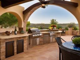 Mediterranean outdoor kitchen features arched openings, colorful tiles, and outdoor dining areas that create a bright and inviting atmosphere.  