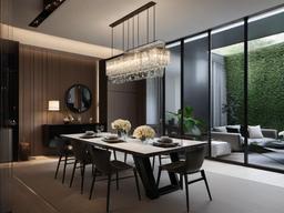 The dining room embodies urban modern interior design with a glass table, minimalist chairs, and statement lighting that creates a sophisticated setting for meals.  