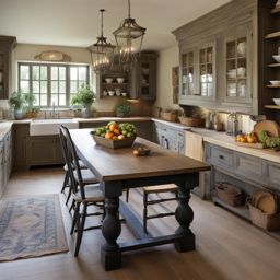 french country kitchen with distressed cabinets and a farmhouse table. 