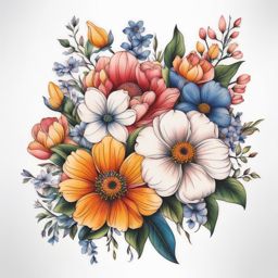 Birth flower bouquet tattoo, Tattoos representing a bouquet of flowers associated with various birth months. ,colorful, tattoo pattern, clean white background