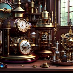 steampunk laboratory with intricate gear-driven contraptions and brass accents. 