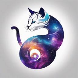 Galactic spiral cat, a whimsical representation of a cat with a tail transforming into a spiral galaxy.  colored tattoo style, minimalist, white background