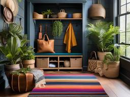 Bohemian mudroom is adorned with colorful rugs, eclectic decor, and plants, creating a lively and personalized space for storing outdoor gear.  