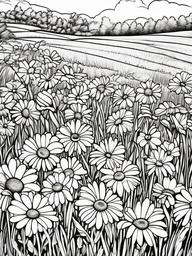 Daisy coloring page sheet - Daisies scattered across a grassy field on a bright afternoon.  black outline printable coloring page