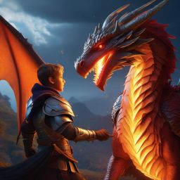 Young dragon forms unlikely friendship with brave knight. hyperrealistic, intricately detailed, color depth,splash art, concept art, mid shot, sharp focus, dramatic, 2/3 face angle, side light, colorful background
