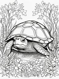 Turtle Coloring Pages - Turtle in a forest with trees and flowers  simple coloring pages