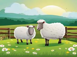 Sheep Cartoon - Cartoon of sheep grazing in a field  