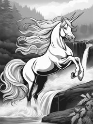 unicorn coloring pages - majestic unicorn leaping gracefully over a cascading waterfall, its silvery mane flowing in the mist. 