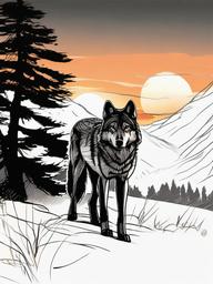 drawing of a wolf in sunset view  minimal rough sketch scribbles,doodles,black and white