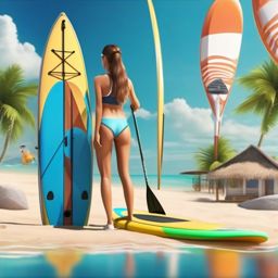 Beachside paddleboarding and kayaking close shot perspective view, photo realistic background, hyper detail, high resolution