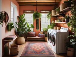 Bohemian laundry room is adorned with colorful textiles, eclectic decor, and plants, creating a lively and inspiring environment for laundry tasks.  