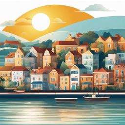 sun clipart,rising over a tranquil seaside town 