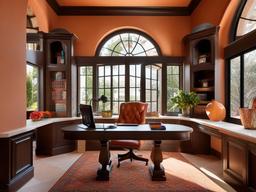 Mediterranean home office features arched windows, terracotta tiles, and colorful accents that create a bright and inviting workspace.  