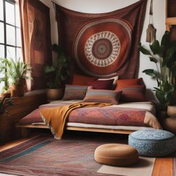 bohemian bedroom with floor cushions and a tapestry-covered accent wall. 