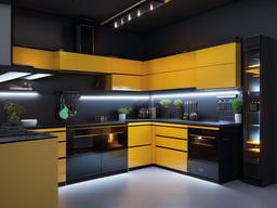 In the kitchen, cyberpunk interior design includes smart appliances, industrial elements, and glowing accents that create a modern and efficient cooking space.  